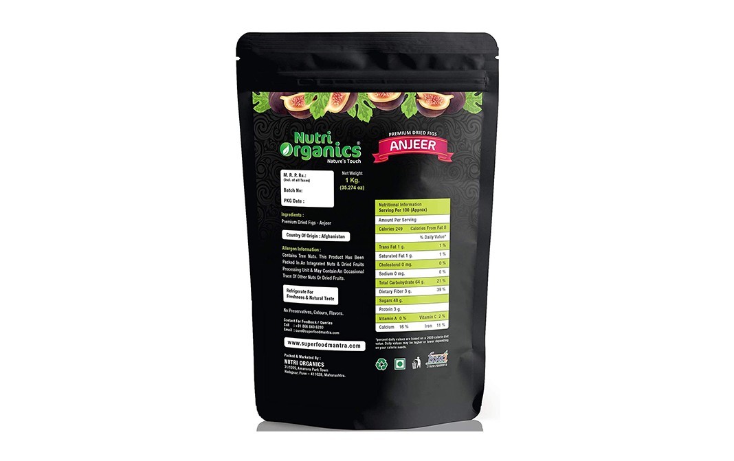 Nutri Organics Premium Dried Figs Anjeer   Pack  1 kilogram